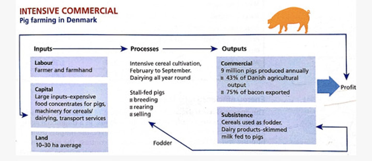 <p>pig farming in Denmark <br><br>Cereal farming in New Zealand Canterbury Plains <br><br>East Anglian cereal farming<br><br>market gardening</p>
