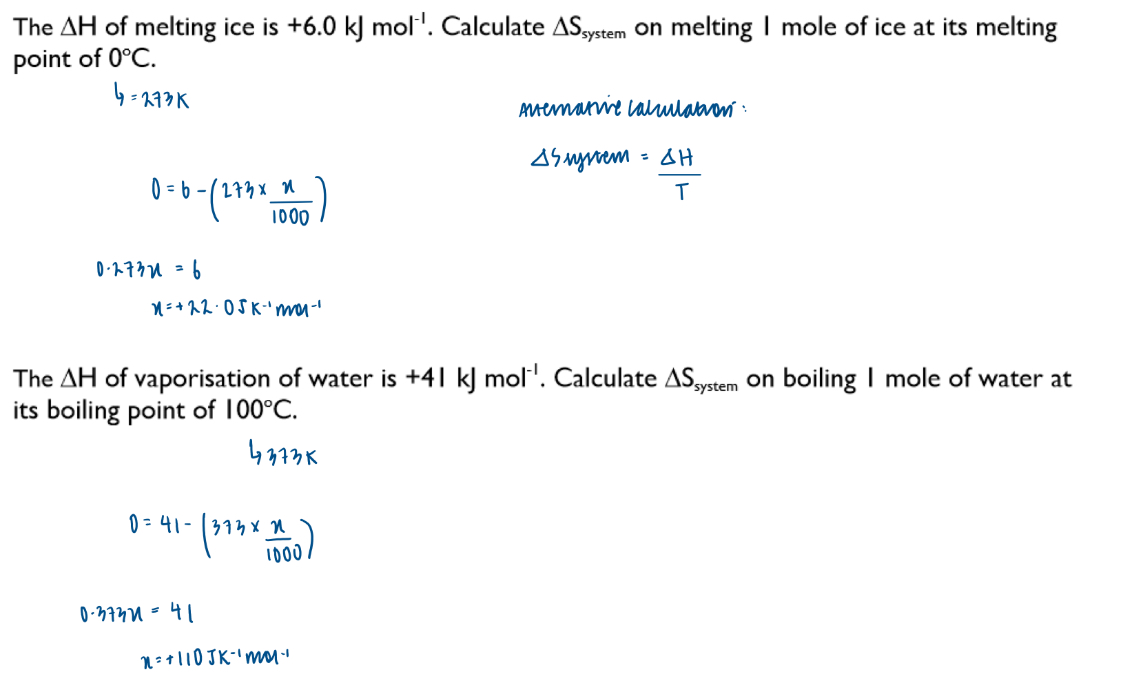 <p>Melting: </p><ul><li><p>a substance cannot melt below its melting point as delta G is positive below the melting point </p></li><li><p>At the melting point, delta G = 0 and so melting is feasible and the substance melts</p></li></ul><p></p><p>Boiling: </p><ul><li><p>a substance cannot boil below its boiling point as delta G is positive below the boiling point </p></li><li><p>At the boiling point, delta G = 0 and so boiling is feasible and the substance boils. </p></li></ul><p></p>