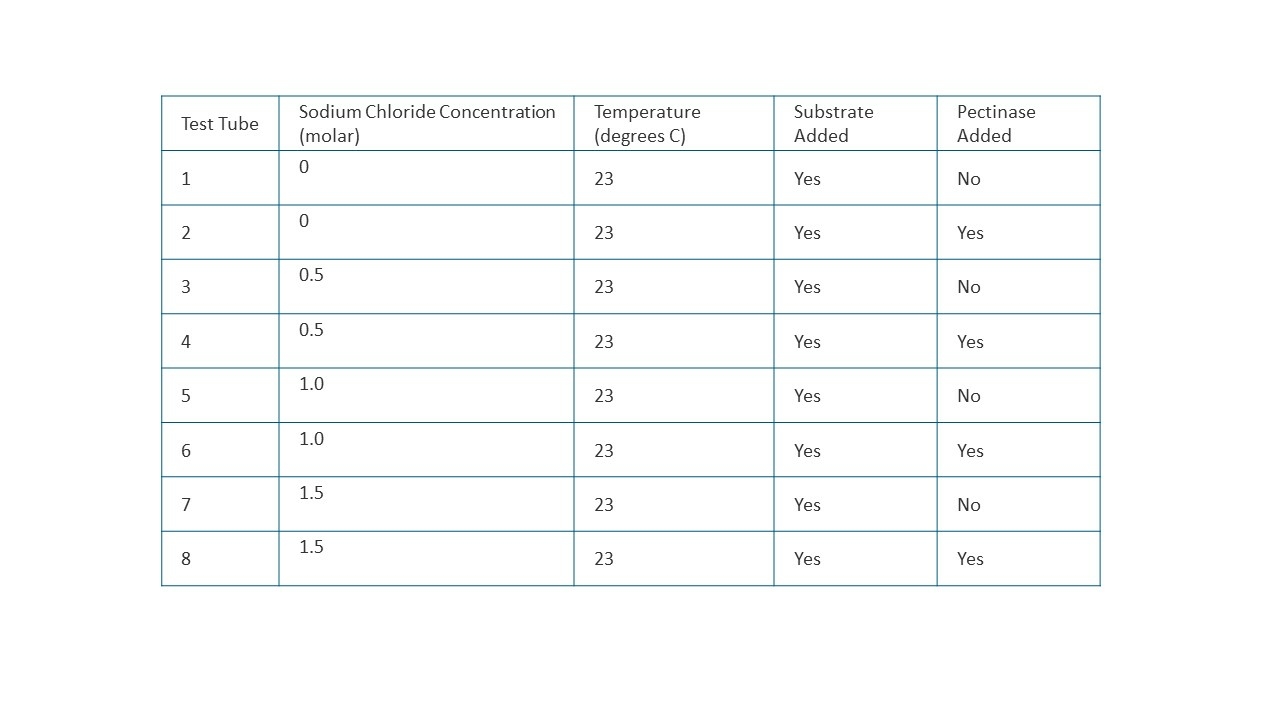 <p><span>Pectinase is a protein that catalyzes the breakdown of pectic polysaccharides in plant cell walls. A researcher designs an experiment to investigate the effect of salinity on the ability of pectinase to lower the activation energy of the reaction involved. The design of the experiment is presented in&nbsp;Table 1, an experiment to investigate the effect of salinity on pectinase function Which of the following statements best helps justify the inclusion of test tube 5 in the experiment?</span></p>