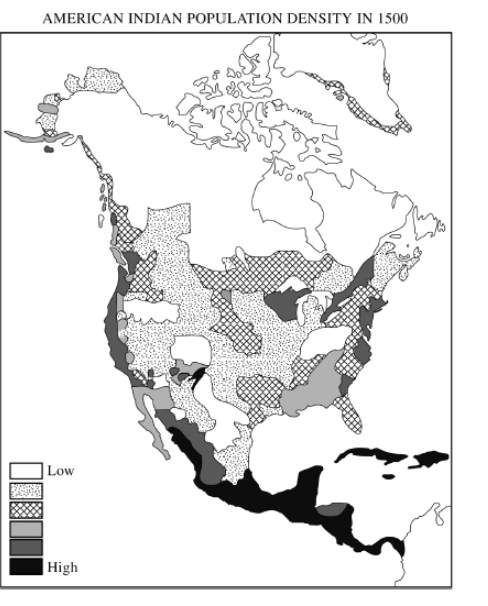 <p>Which of the following statements about the population of North America at the time of Christopher Columbus’ voyages is supported by the map above?</p><p>Responses</p><p><strong>A</strong></p><p>The American Indian population was distributed uniformly throughout North America.</p><p><strong>B</strong></p><p>The most densely populated regions of North America would eventually become part of New Spain.</p><p><strong>C</strong></p><p>The most densely populated regions of North America would eventually become part of New France.</p><p><strong>D</strong></p><p>Compared with other areas of North America, relatively few American Indians lived in the Southeast.</p><p><strong>E</strong></p><p>The American Indian population was concentrated on the Great Plains.</p>
