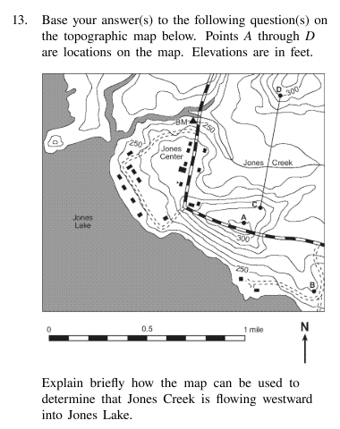 <p>Explain briefly how the map can be used to determine that Jones Creek is flowing westward into Jones Lake.</p>