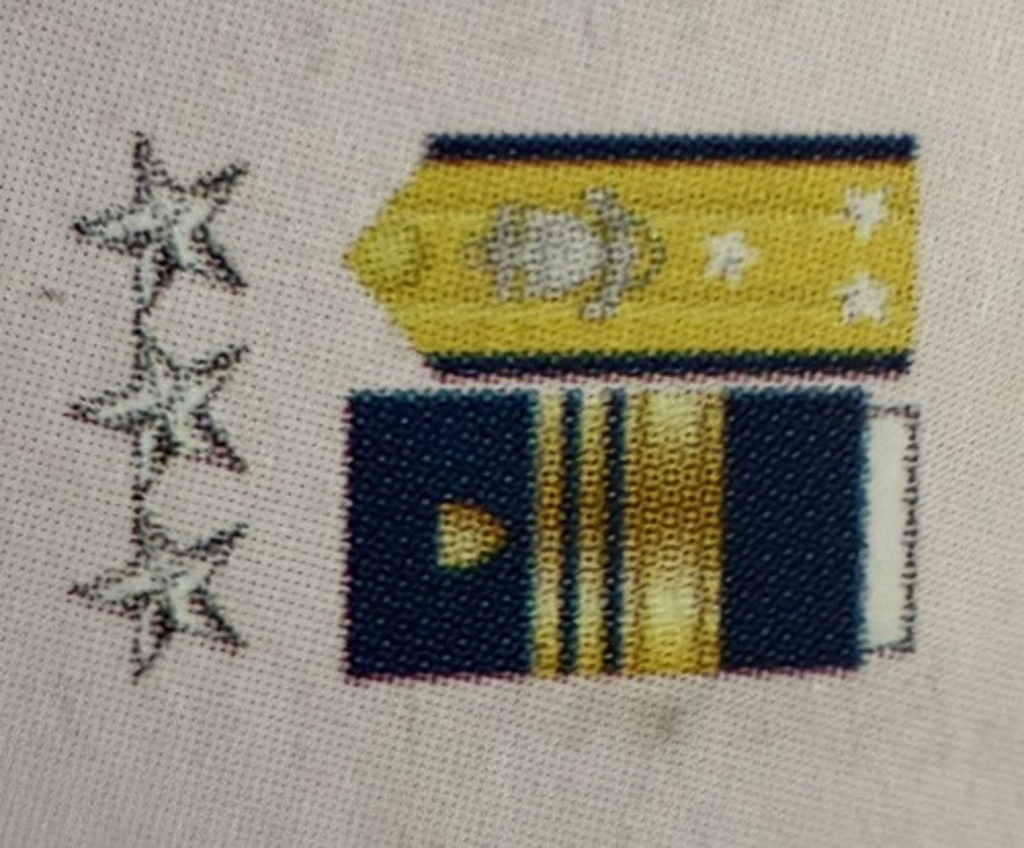 <ul><li><p><strong>Collar Device:</strong> Zero Three Silver Stars</p></li><li><p><strong>Sleeve Insignia:</strong> Zero One Two-Inch Gold Band Below Zero Two Half-Inch Gold Bands</p></li></ul><p></p>