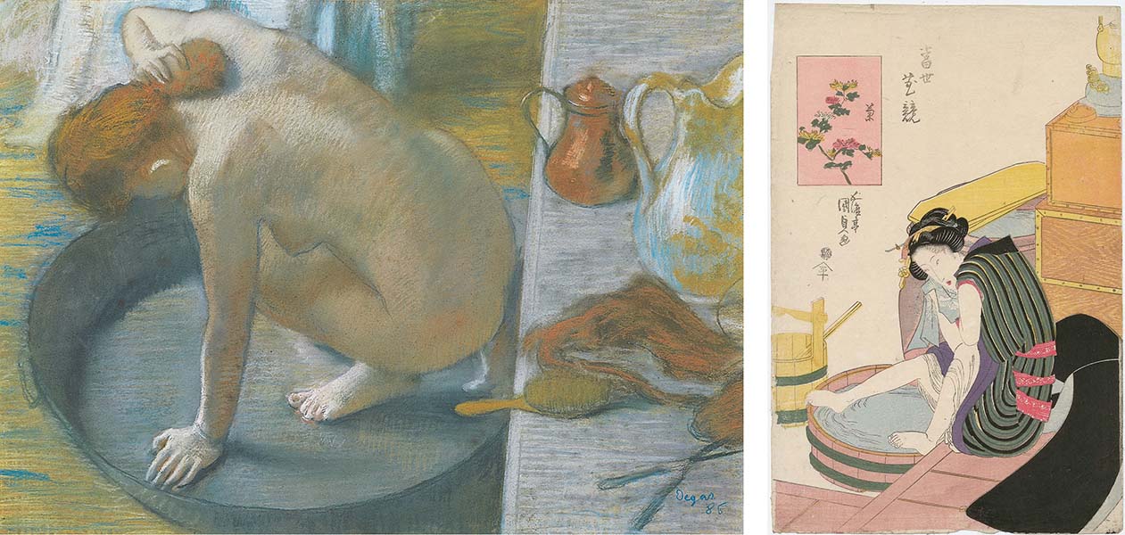 <p>The Tub</p><p>cassatts frienc </p><p>common japanese style of compostion where the vantage point emphasizies the flatness of the shapes of the woman’s body and surroudigns objects</p>