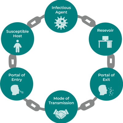 <ol><li><p>source - pathogen</p></li><li><p>Reservoir - where it grows and multiplies</p></li><li><p>Portal of Exit - leaves reservoir</p></li><li><p>Method of transmission - vehicle transmits microbes </p></li><li><p>Portal of entry</p></li><li><p>Susceptible host</p></li></ol><p></p>