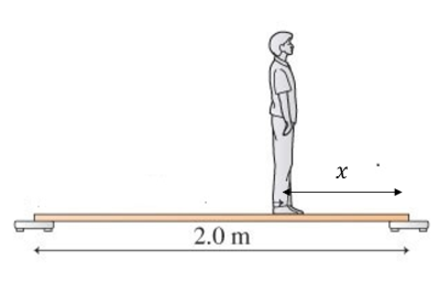 <p><span>A 2.0 m long, rigid board with negligible mass rests on a bathroom scale at each end. A person of mass 80&nbsp;kg&nbsp;stands at a distance of x =0.31&nbsp; m from the right end.&nbsp;What does the left scale read in newtons?</span></p>