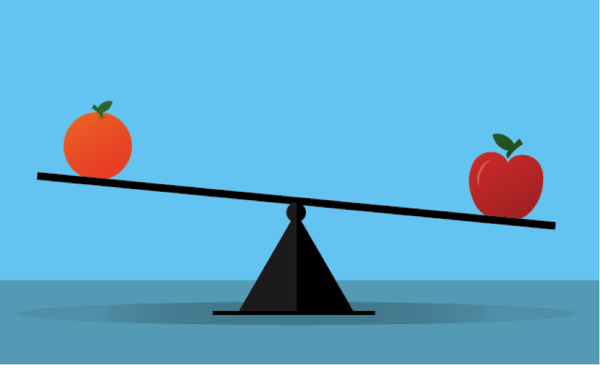<p>A phrase used to show how two or more things are similar or different when examined side by side.</p>
