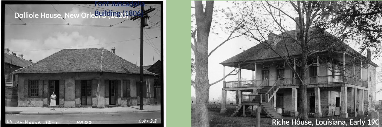 <p><span>Hipped Roof, or side gabled roof</span><br><span>Skinny tall doors and windows, typically with protective shutters</span><br><span>In the city of New Orleans, wrought iron porches were common</span><br><span>In rural settings, high basements with structural pillars, porches</span><br><span>with columns and dormers were more prevalent.</span></p>