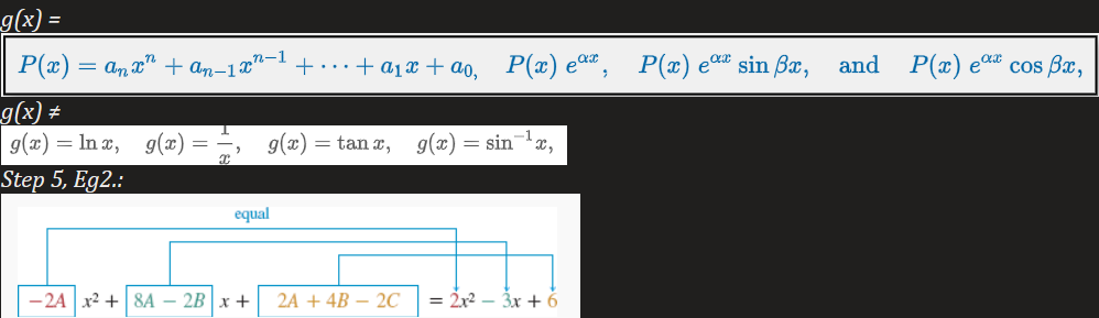 <p>Limited to linear DEs such as nonhomogeneous linear DE where</p><ul><li><p>the coefficients a<sub>i</sub>, i = 0, 1, …, n are constants &amp;</p></li><li><p>g(x) is a constant <em>k</em>, a polynomial function, an exponential function e<sup>αx</sup>, a sine or cosine function sinβx or cosβx, or finite sums and products of these functions. (Refer to image to what this means)</p></li></ul><p>Steps:</p><p><strong>1) Find y<sub>h</sub></strong></p><ul><li><p>Characteristic Equation</p></li><li><p>Identify type of Homogeneous Linear Equations with Constant Coefficient</p></li></ul><p>2) Choose a general y<sub>p</sub></p><ul><li><p>Look at RHS, the equation will include RHS &amp; it’s derivatives</p></li><li><p>Refer to Trial Particular Solutions Flashcard</p></li><li><p>Eg. RHS = 3x<sup>2</sup> → Ax<sup>2</sup> + Bx + C = 0</p></li></ul><p>3) Derive the general y<sub>p</sub></p><p>4) Plug the derivatives into the DE</p><p>5) Match elements in LHS w/ elements in RHS</p><ul><li><p>Eg1. LHS = 2A - 4Ax<sup>2</sup> - 4Bx + 4C; RHS = 3x<sup>2</sup> + 0x +1 → 2A + 4C = 0, -4B = 0, -4A = 3</p></li><li><p>Eg2. Refer to Image</p></li><li><p>Solve</p></li></ul><p><strong>6) Plug into y<sub>p</sub></strong></p><p><strong>7) Write y = y<sub>h</sub> + y<sub>p</sub></strong></p><p>8) Check by plugging solution into DE</p>