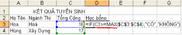 <p><strong>Trong Excel, với bảng dữ liệu theo hình vẽ, kết quả trả về ở ô D4 là bao nhiêu khi copy công thức từ ô D3 xuống?</strong></p><p>A. #NAME?</p><p>B. KHÔNG</p><p>C. CÓ</p><p>D. #VALUE!</p>