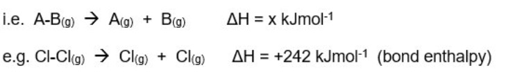 <p>enthalpy change to break the bond in 1 mol of gaseous molecules, to form gaseous atoms </p>