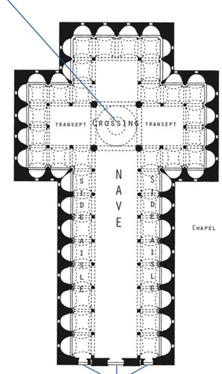 <p>a cross having an upright or vertical shaft crossed near the top by a shorter horizontal bar</p>
