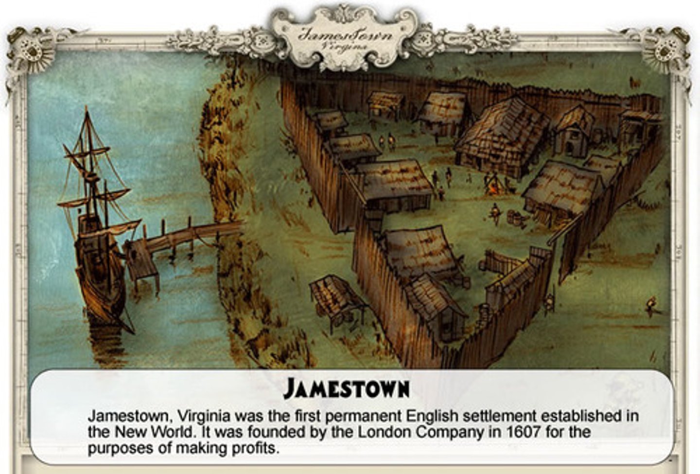 <p>The first permanent English settlement in North America, found in East Virginia</p>