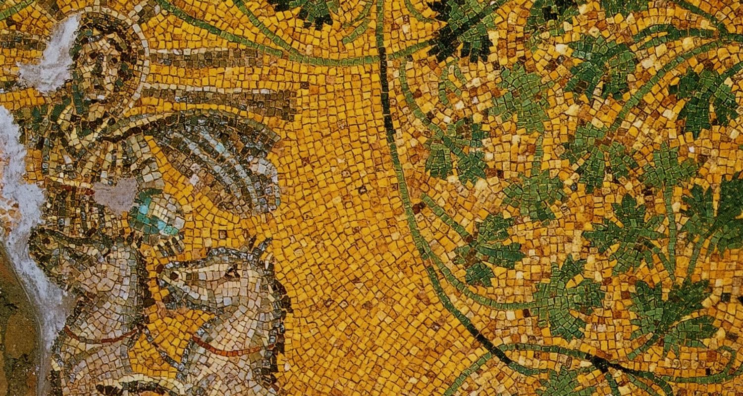 <ol><li><p>mosaic</p></li><li><p>multiple readings can be take from the grape leaves- pagan reading could invoke thoughts of Dionysus, Christians saw the blood of Christ</p></li><li><p>Subject can be seen as Apollo, the Sun God or of Christ (person is a person of divine significance either way)</p></li><li><p>Golden yellow background sets a distinct heavenly aura, crown represents triumph</p></li></ol>