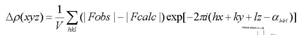 <p>&nbsp;∆<span><em>p</em></span>(xyz) = difference between the observed and calculated electron density at the point xyz</p><p>should be flat </p><p>+ve peak = atom omitted from model </p><p>-ve peak = wrong atom/atom position in model </p>