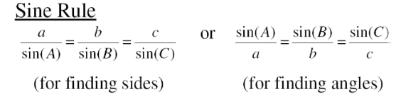 <p>a/sin A = b/sin B = c/sin C (for finding sides)</p><p>sin A/a = sin B/b = sin C/c (for finding angles)</p>