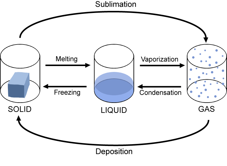 <p>The transitions between solid, liquid, and gas phases of water, including melting, freezing, evaporation, condensation, sublimation, and deposition. </p>
