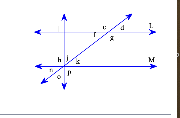 <p><span style="background-color: transparent !important;"><span>Lines L and M are parallel. Determine which of the lettered angles are obtuse angles.</span></span></p>