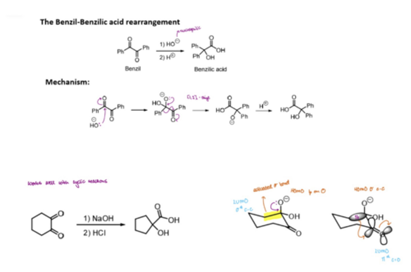 <p>activating a benzil molecule with OH-</p><p>1,2-shift of the phenyl group</p><p>Addition of H+ to the O- to form benzilic acid</p>