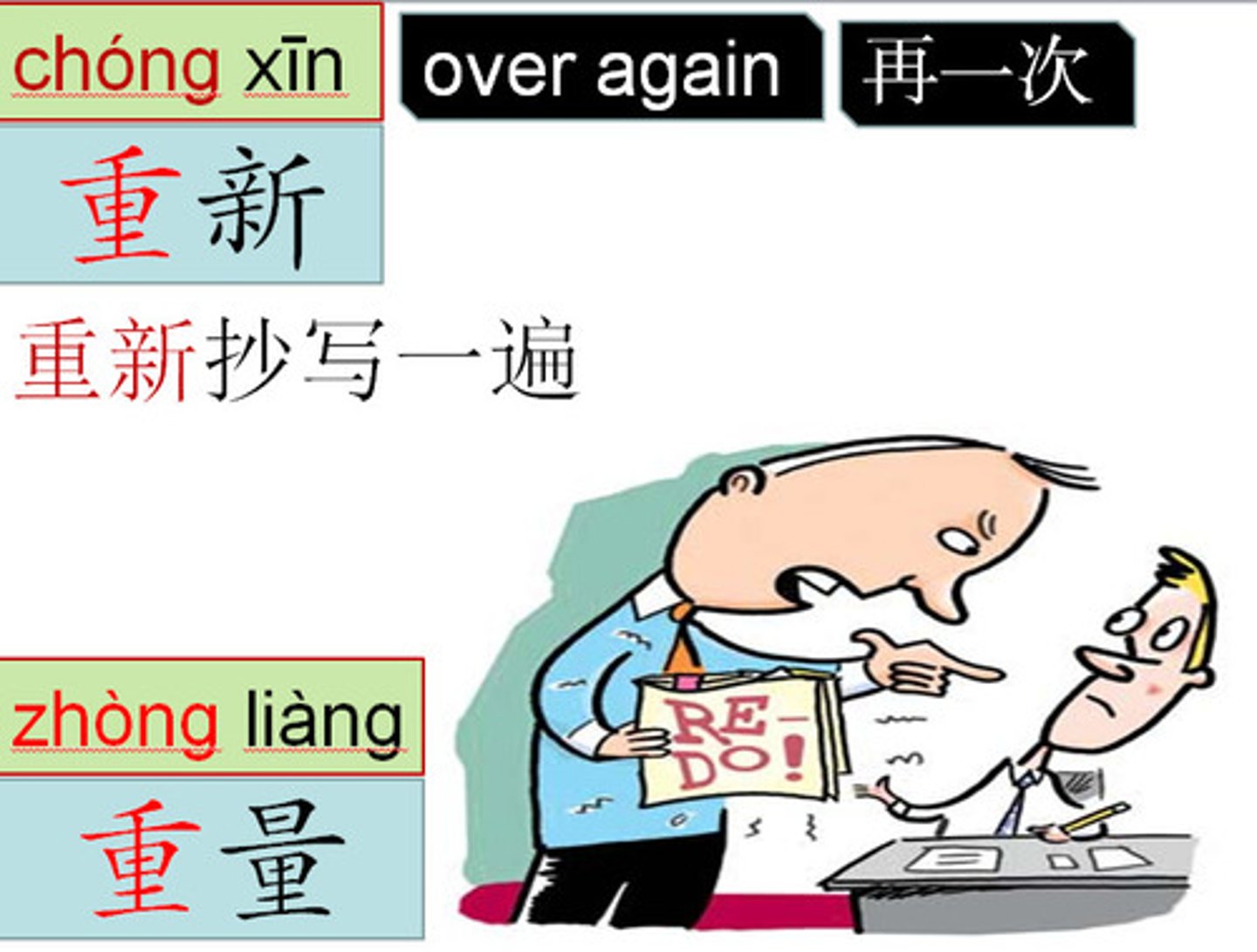 <p>chóng xīn - again; once more; re-</p>