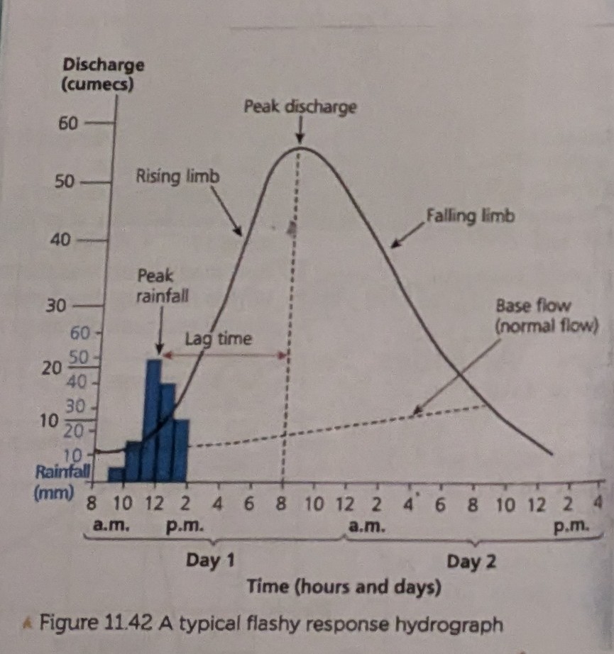 <p>A graph which shows a river’s discharge changes in response to a precipitation event.</p><p class="has-focus">It shows the relationship between precipitation and run-off, indicating whether a paricular river has a high or low flood risk.</p><p class="has-focus">The shorter the lag time, and the steeper the rising limb, the greater the flood risk.</p>