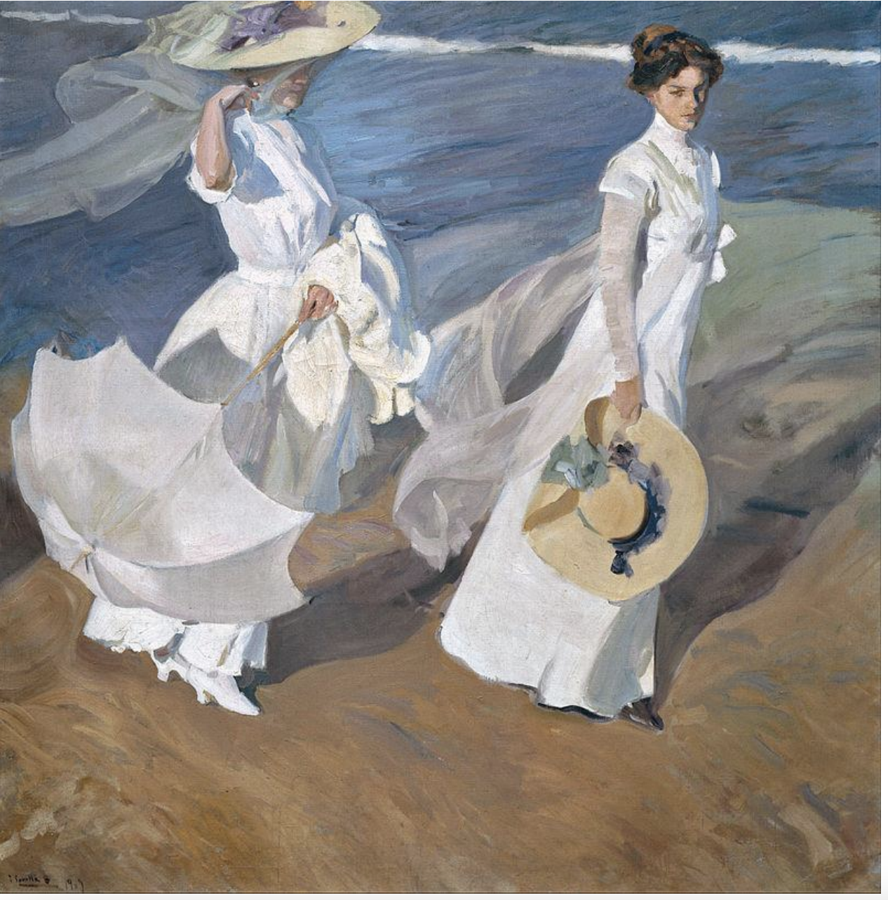 <ul><li><p><span><strong>Style</strong>: Impressionism</span></p></li><li><p><span><strong>Key Features</strong>:<br><br></span></p><ul><li><p><span>Depicts a joyful scene of people walking along the beach, capturing the lively atmosphere and sunlight.<br><br></span></p></li><li><p><span>Sorolla’s famous technique of using bright, vivid colors is apparent here, with natural light reflecting on the figures and water.<br><br></span></p></li><li><p><span>The figures are depicted in motion, emphasizing Sorolla’s skill in portraying the human form in a fluid and natural way.<br><br></span></p></li></ul></li></ul><p><span><strong>Memorable Fact</strong>: The painting showcases Sorolla’s love of nature and his ability to capture light and movement.<br></span></p>