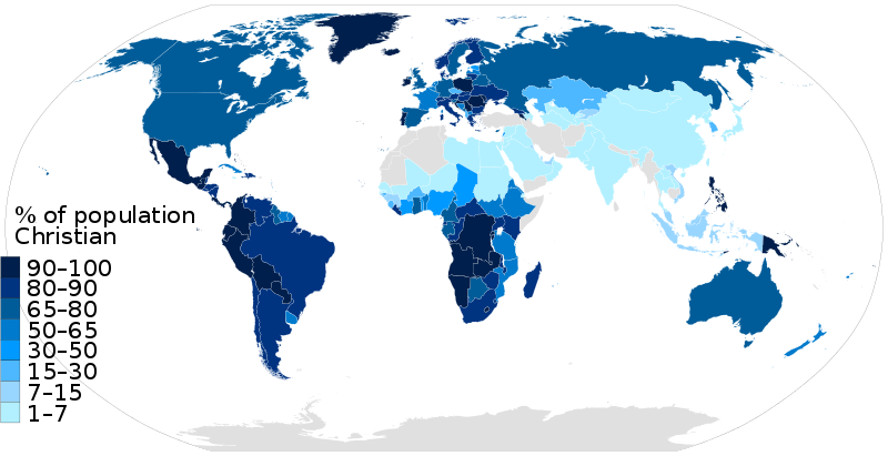 choropleth map of countries' % of population that are Christian