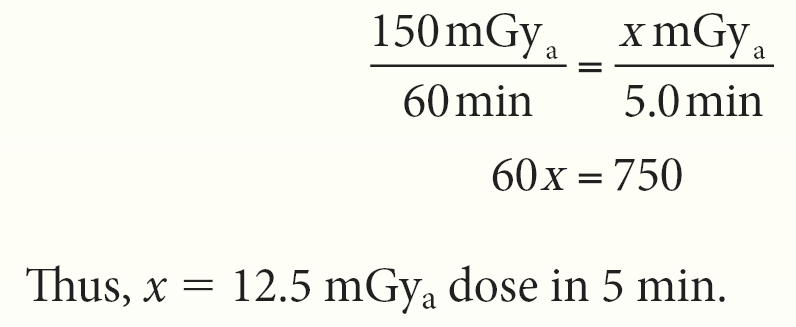 <p><span>(</span><strong>C</strong><span>) If the exposure rate for the examination is 150 mGyₐ/h (60 min), then a 5-min examination would be proportionally less—as the following equation illustrates:</span></p>