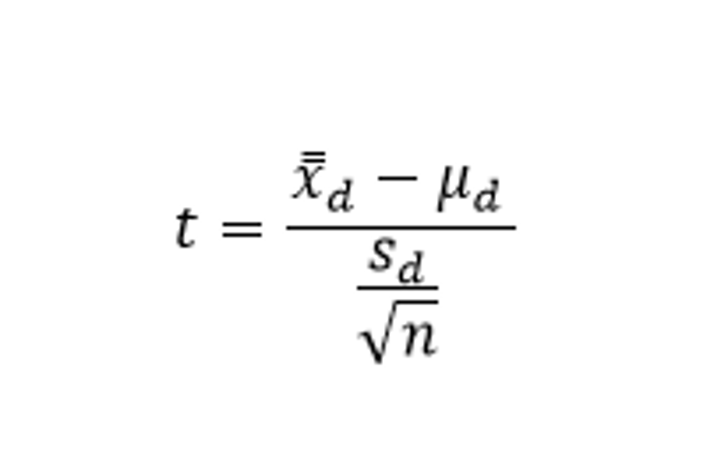 <p>dfs=pairs-1</p><p>Conditions:</p><p>1)Representative data</p><p>2) Central Limit Theorem applies (sample size≥30 or distribution has normal boxplots).</p><p>3) All pairs are independent</p><p>Test statistic:</p><p>where n represents the number of pairs</p>