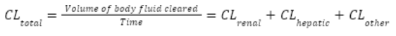 <p><span><span>Drug clearance quantifies the elimination of a drug – the volume of body fluid cleared per unit of time. Normally a constant rate (L/hour, mL/min)</span></span></p>