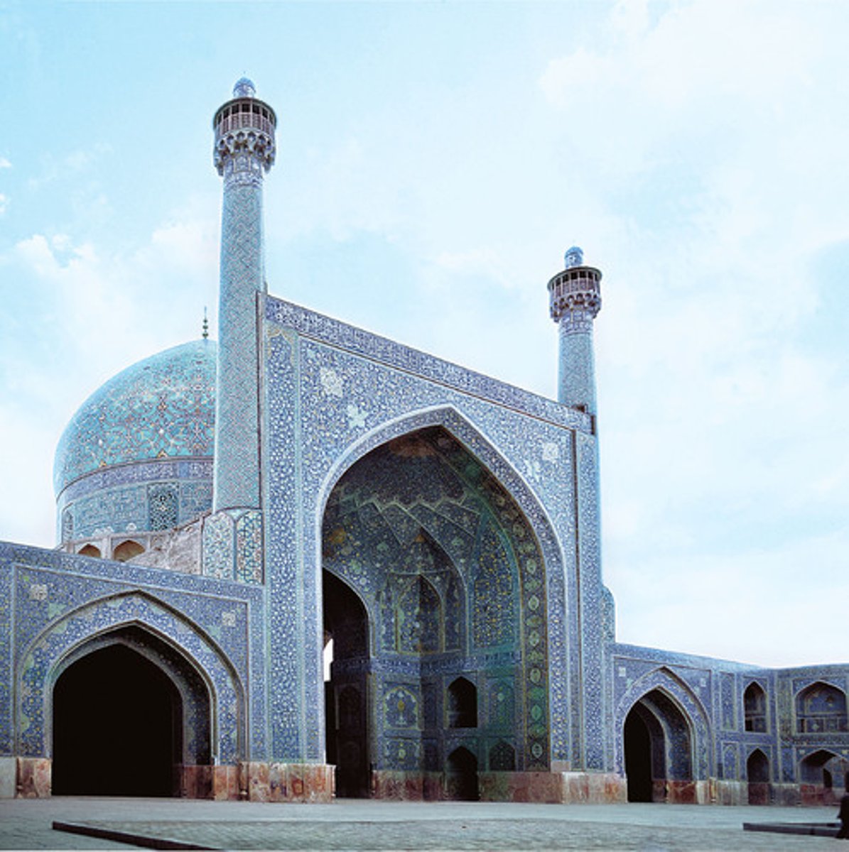 <p>Isfahan; 10th onwards; Saljuq; Mosque</p><ul><li><p><span>Masjid-i Jami of Isfahan, Saljuq, 10th century onwards</span></p></li><li><p><span>Congregational mosque that was reconstructed on the 4-iwan plan with each iwan faced by a pishtaq (Iwans in the arcades around the courtyard)</span></p></li><li><p><span>Mihrab dome (based on the number 8) and north dome (based on the number 5) reflect political competition, ,realized through geometrical expertise</span></p></li><li><p><span>Pishtaq, rises above rest of the building, double small minarets</span></p></li></ul><p></p>