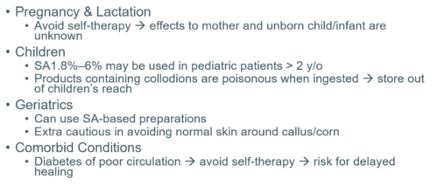 <p>- avoid in pregnant/ lactating females</p><p>-kids &gt;2 = SA 1.8-6% </p><p>- OK in geriatrics </p><p>-avoid in diabetes</p>