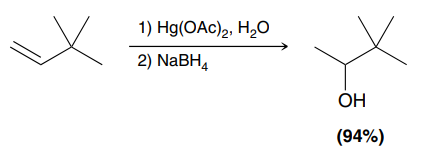 <p>An addition reaction in which water (H and OH) is added across an alkene, while preventing carbocation rearrangements.</p><p>Major product: OH added to more substituted side</p>