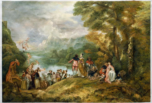 <p>Rococo fête galante painting. Classical theme. Dreamworld beauty of beautifully dressed couples depart for Cythera, a mythical island of love.</p>