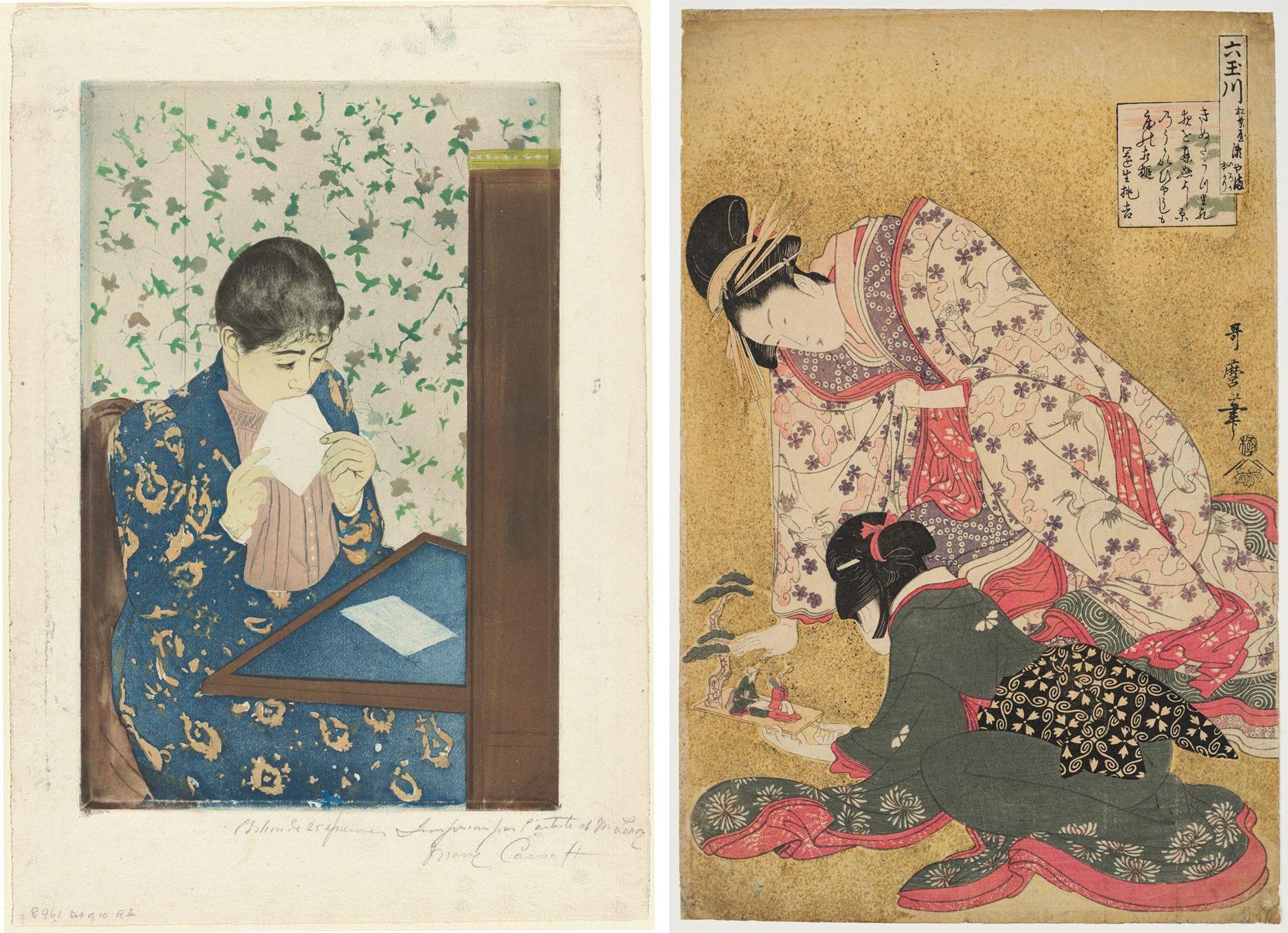 <p>The Letter</p><p>employs similar japanese deocrative patterns, flattenend spaces, and simplified figures</p><p></p><p>Cassatt enjoyed common Ukiyo-e subjects like women in domestic interiors playing with children or grooming themselves</p>