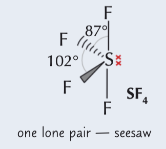 <p>5 electron pairs around a central atom (1 lone pair)</p><p></p><p>102 and 87</p>