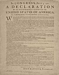 <p>The document written by Thomas Jefferson and approved by representatives of the American colonies in 1776 that stated their grievances against the British monarch and declared their independence.</p>