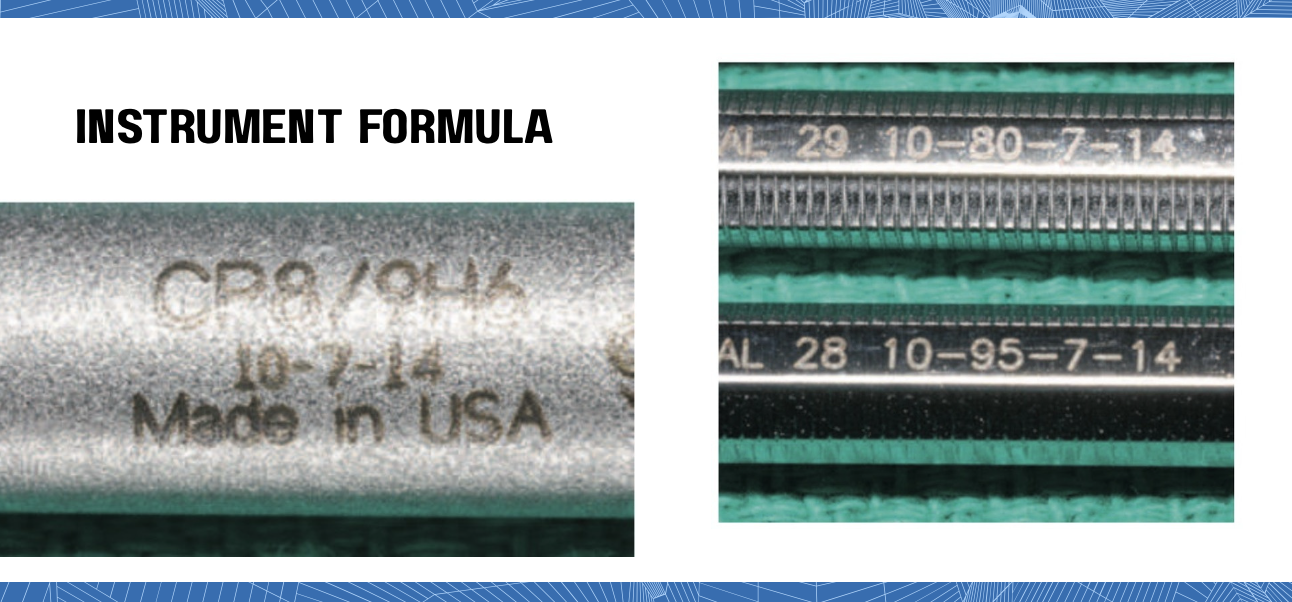 <ol><li><p><span style="color: green;"><strong><mark data-color="green" style="background-color: green; color: inherit;">W</mark></strong></span>idth of the blade (in tenths of a mm)</p></li><li><p><span style="color: green;"><strong><mark data-color="green" style="background-color: green; color: inherit;">C</mark></strong></span>utting edge angle (degrees centigrade) <em>Instrument is positioned so that this number always exceeds 50.</em></p></li><li><p><span style="color: green;"><strong><mark data-color="green" style="background-color: green; color: inherit;">L</mark></strong></span>ength of the blade (in mm)</p></li><li><p>Blade <span style="color: green;"><strong><mark data-color="green" style="background-color: green; color: inherit;">A</mark></strong></span>ngle (relative to the long axis of the handle in clockwise centigrade or hundredths of a circle) <em>Instrument is positioned such that this number is always 50 or less.</em></p></li></ol><p></p>