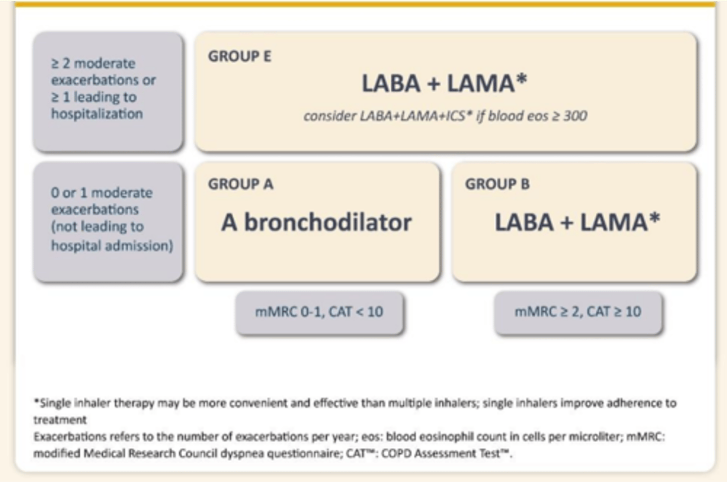 <p>Group A (bronchodilator): 0-1 moderate exacerbations (not leading to hospitalization)</p><p>Group B (LABA + LAMA): mMRC 2 or more, CAT 10 or more; no hospitalizations</p><p>Group E (LABA + LAMA +/- ICS): if 2 or more exacerbations or 1 or more hospitalizations</p>