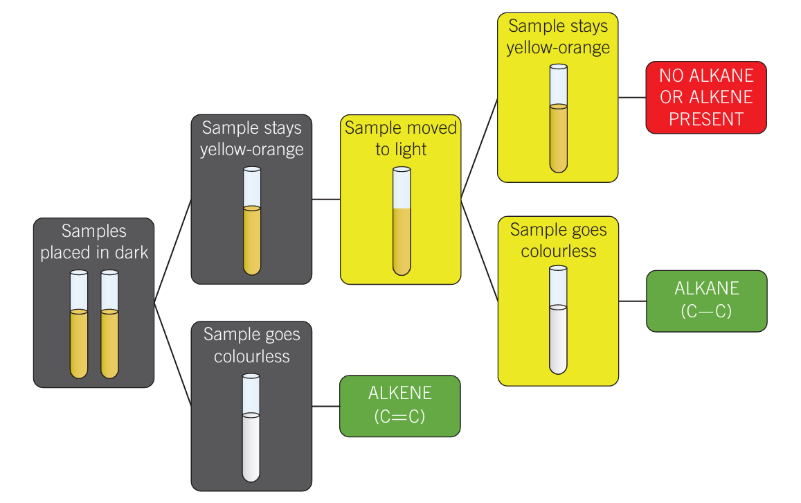 <ul><li><p>Qualitative test</p></li><li><p>Bromine is typically dissolved in water and added to the unknown sample in the dark</p></li><li><p>Alkanes react to UV light</p></li><li><p>Colourless in dark = Alkene</p></li><li><p>Stays yellow/orange in dark then colourless in UV light = Alkane</p></li></ul><p></p>