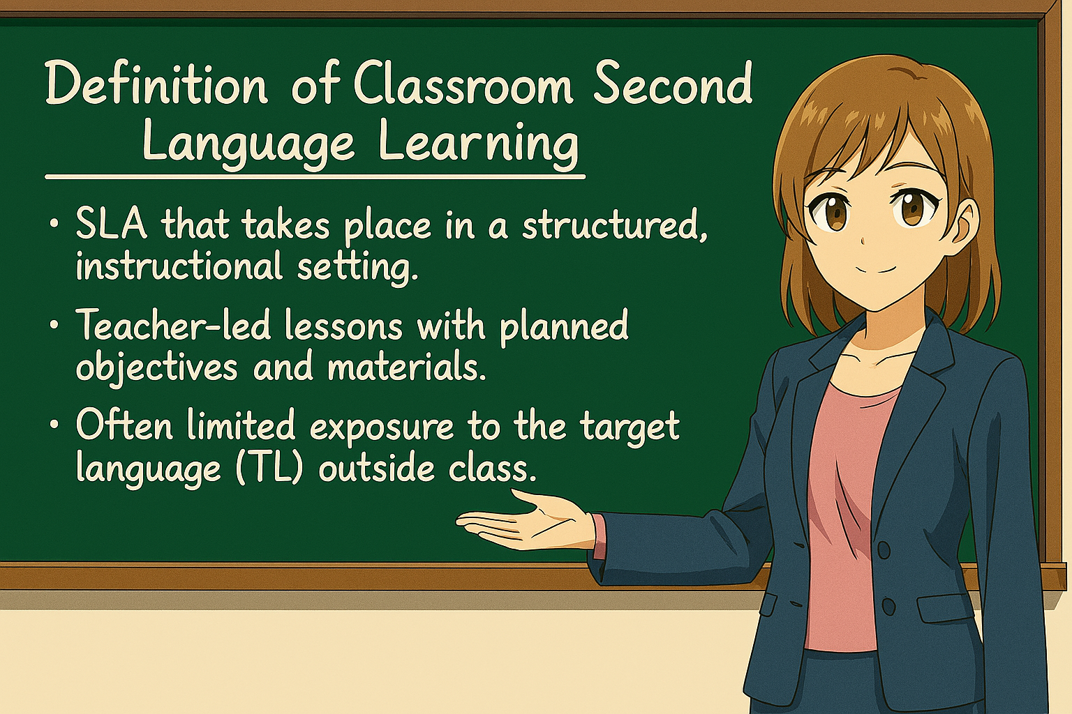 <ul><li><p>SLA that takes place in a structured, instructional setting.</p></li><li><p>Teacher‑led lessons with planned objectives and materials.</p></li><li><p>Often limited exposure to the target language (TL) outside class.</p></li></ul><p></p>