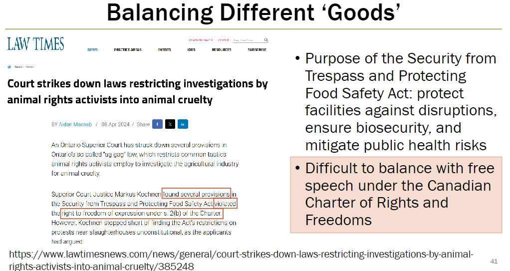 <p><strong>Purpose</strong><br> Protect facilities against disruptions<br> Ensure biosecurity<br> Mitigate public health risks</p><p><strong>Challenges</strong><br> Difficult to balance enforcement with free speech rights under the Canadian Charter of Rights and Freedoms</p>