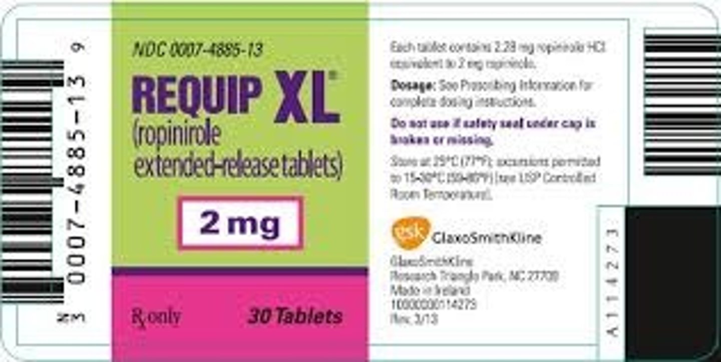 <p>Brand: Requip</p><p>Class: Dopamine Agonist</p><p>Indication: Parkinson's Treatment</p><p>Schedule: NCLM</p>