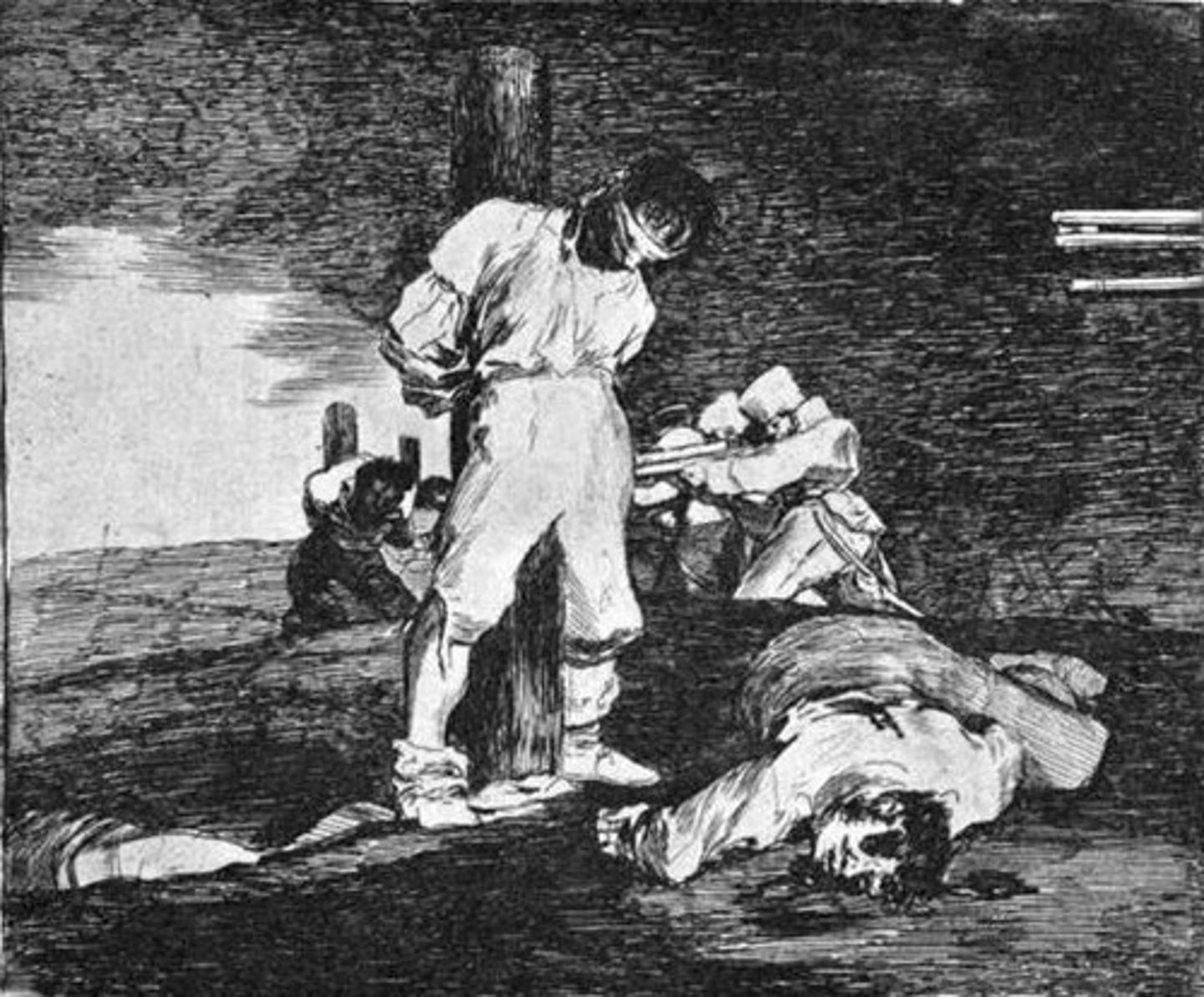 <p>1810-1843. Francisco de Goya. Drypoint Etching.Romantic<br>Part of a series of 80 etching critizing the French occupation of spain.<br>Titltes explored war, famine, politics. Question or statement titles.<br>Grotesque, inhuman. War resulted in mash casualties, poverty, famine<br>MARTYRDOM/ ALTER CHRISTUS<br>Nobility and morality with martyrdom = alter christus<br>Bownig their head<br>Bound and blindfolded people<br>EXecutioners inhuman, stand out against dark background.<br>Became increasingly anxious and deaf, shut in. painted on the walls of his house</p>