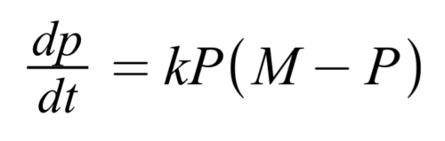 <p>2 logistic differential equations:</p><p>dP/dt = kP(M - P)</p><p>AND</p><p>dP/dt = kP(1-P/M)</p><p>M = carrying capacity</p><p>k= proportionality constant</p><p>P= population</p>