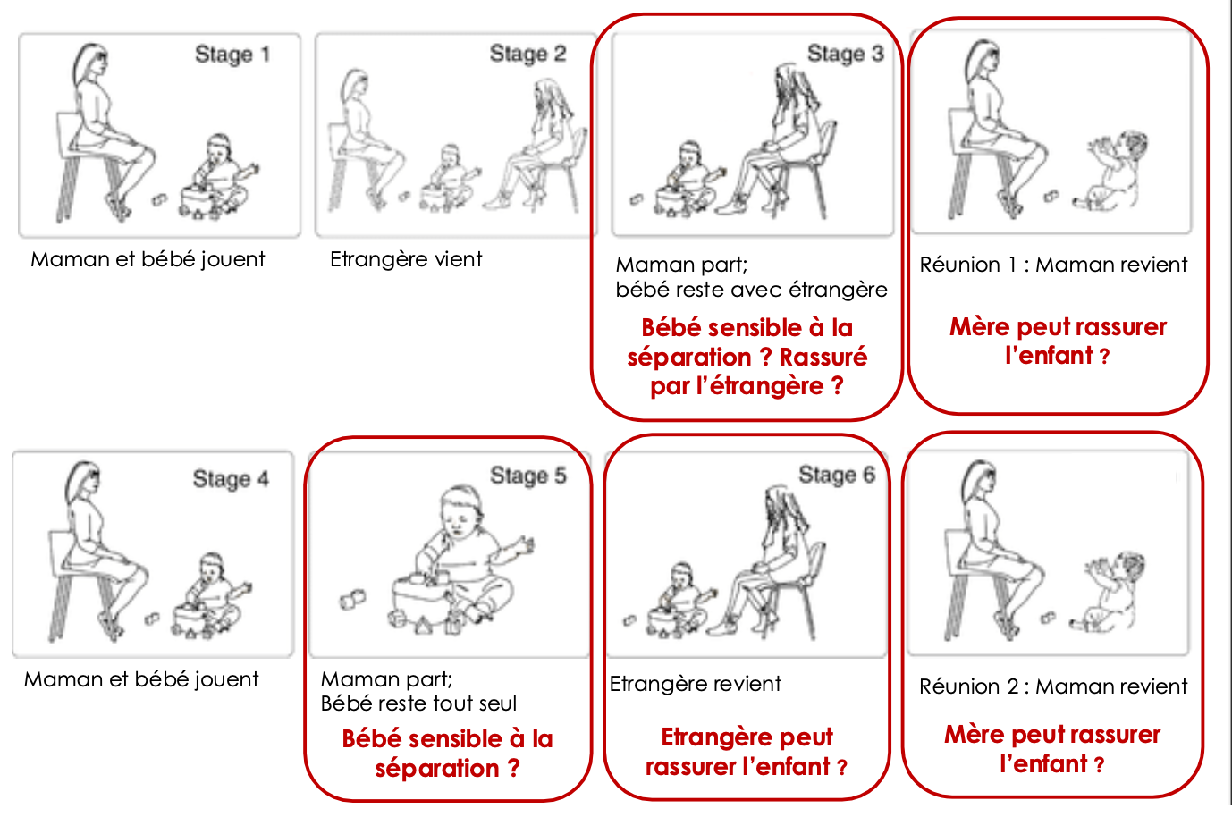 <ul><li><p>Test de la situation étrange</p></li><li><p>Observations</p><ul><li><p>activités d’exploration de l’enfant</p></li><li><p>interactions avec la mère, et l’étrangère</p></li><li><p>réaction face à la séparation</p></li><li><p>réaction à la réunion</p></li></ul></li><li><p>Rôle de la culture </p></li></ul><p></p>