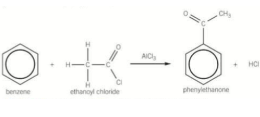 <p>When benzene reacts with an acyl chloride in the presence of AlCl<sub>3</sub> an aromatic ketone is formed </p>