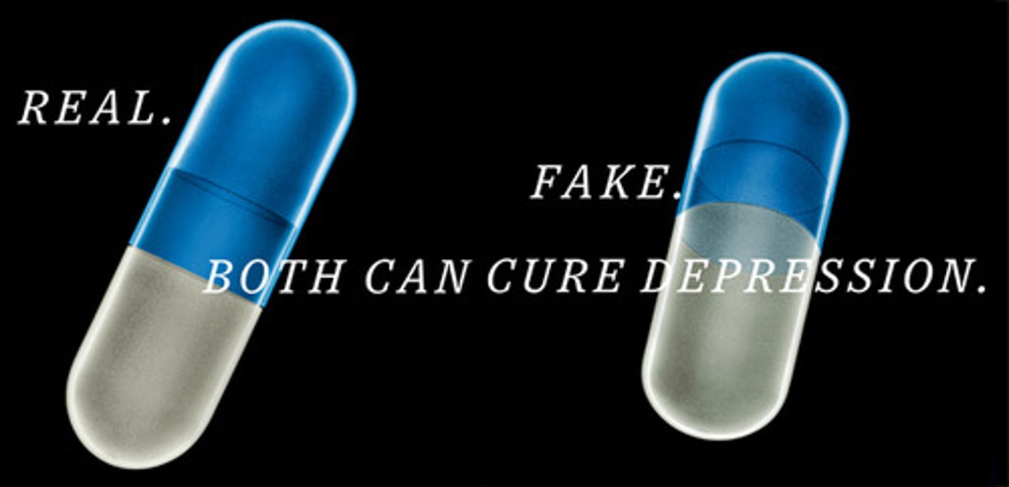 <p>A fake treatment.</p><p>A chemically inert substance that produces real medical benefits because the patient believes it will help her</p>