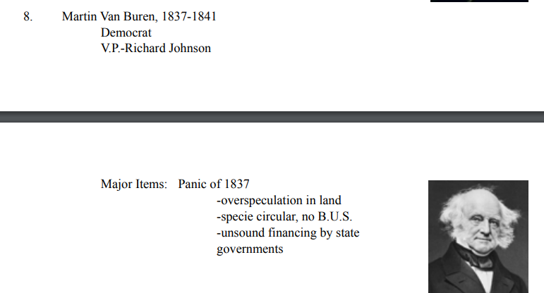 <p>ERA OF GOOD FEELINGS/ERA OF THE COMMON MAN: 1815-1840</p><ul><li><p>Panic of 1837: Economic depression during Van Buren's presidency, marked by bank failures, unemployment, and business bankruptcies.</p></li></ul>