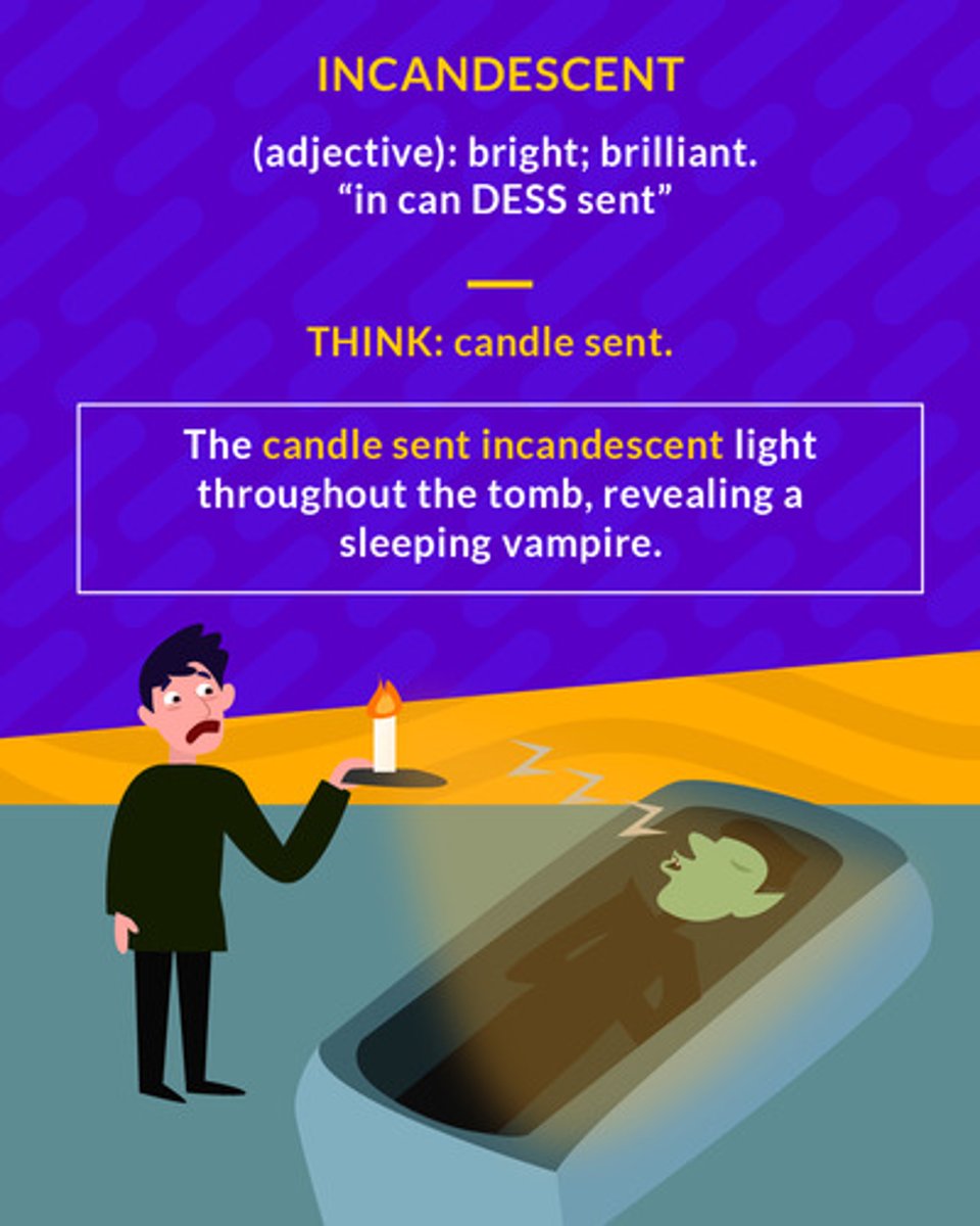 <p>brilliant; giving off heat or light</p><p>(adj.) bright</p>