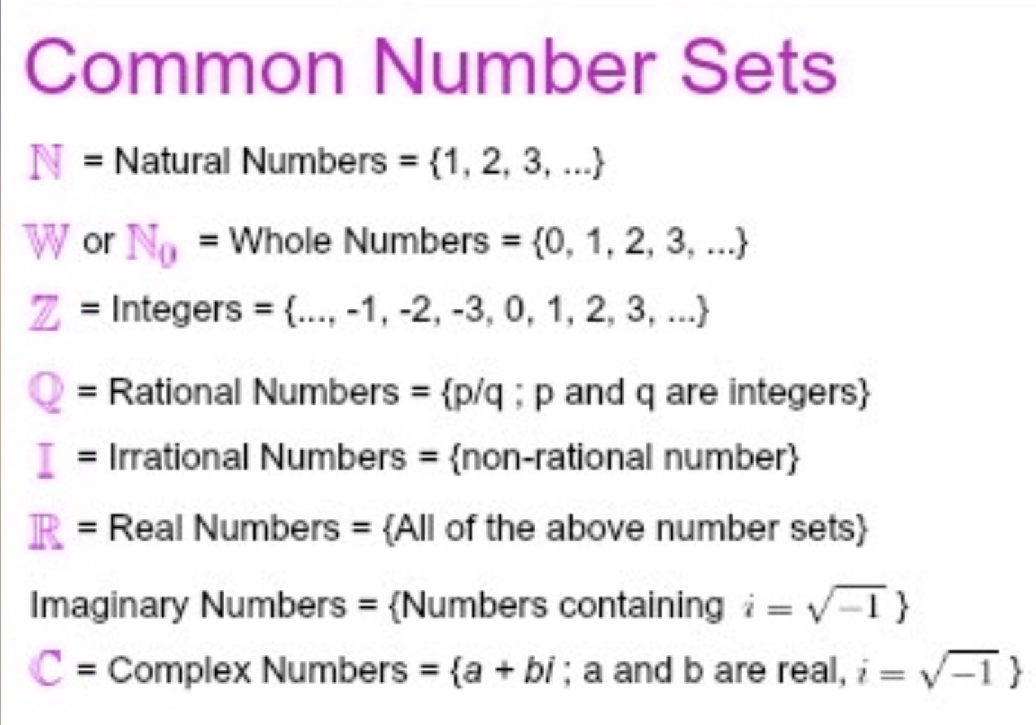 <p>any number that cannot be written in fraction form. Q with a - on top = a set of irrational number</p>